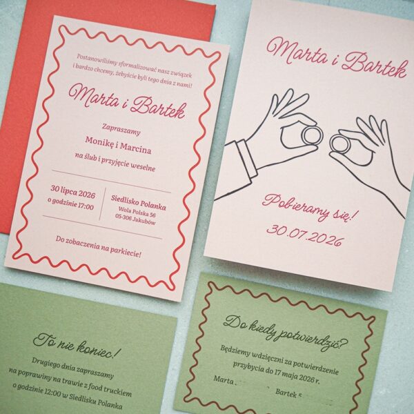 zaproszenia z falowaną ramką esy floresy ilustracja dłonie i obrączki